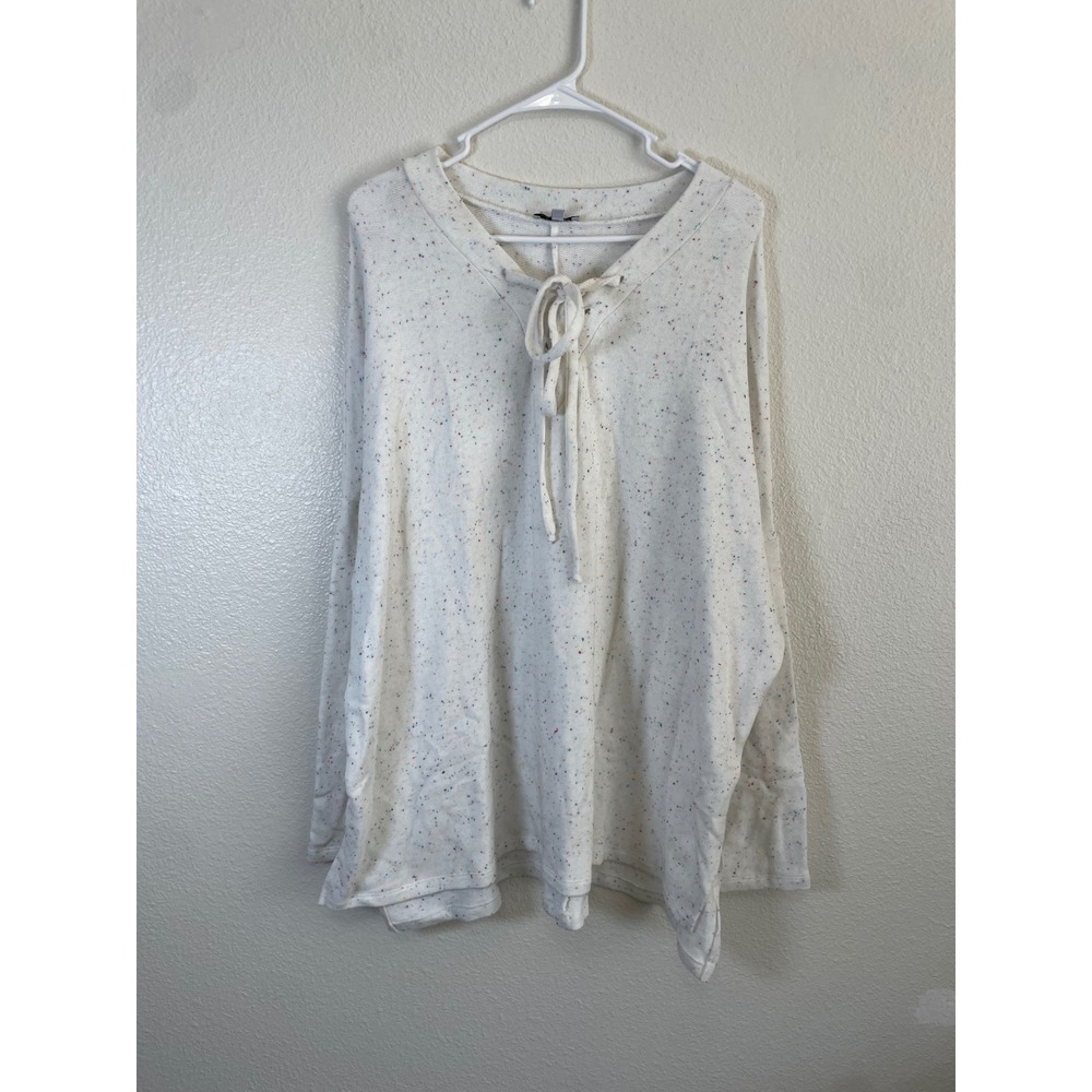 White Birch Speckle Lace Up V-Neck Tunic‎ Sweater 2X Boho Oversize Cozy Sweater